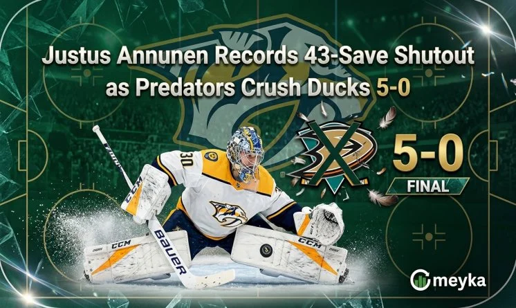 Justus Annunen Records 43-Save Shutout as Predators Crush Ducks 5-0